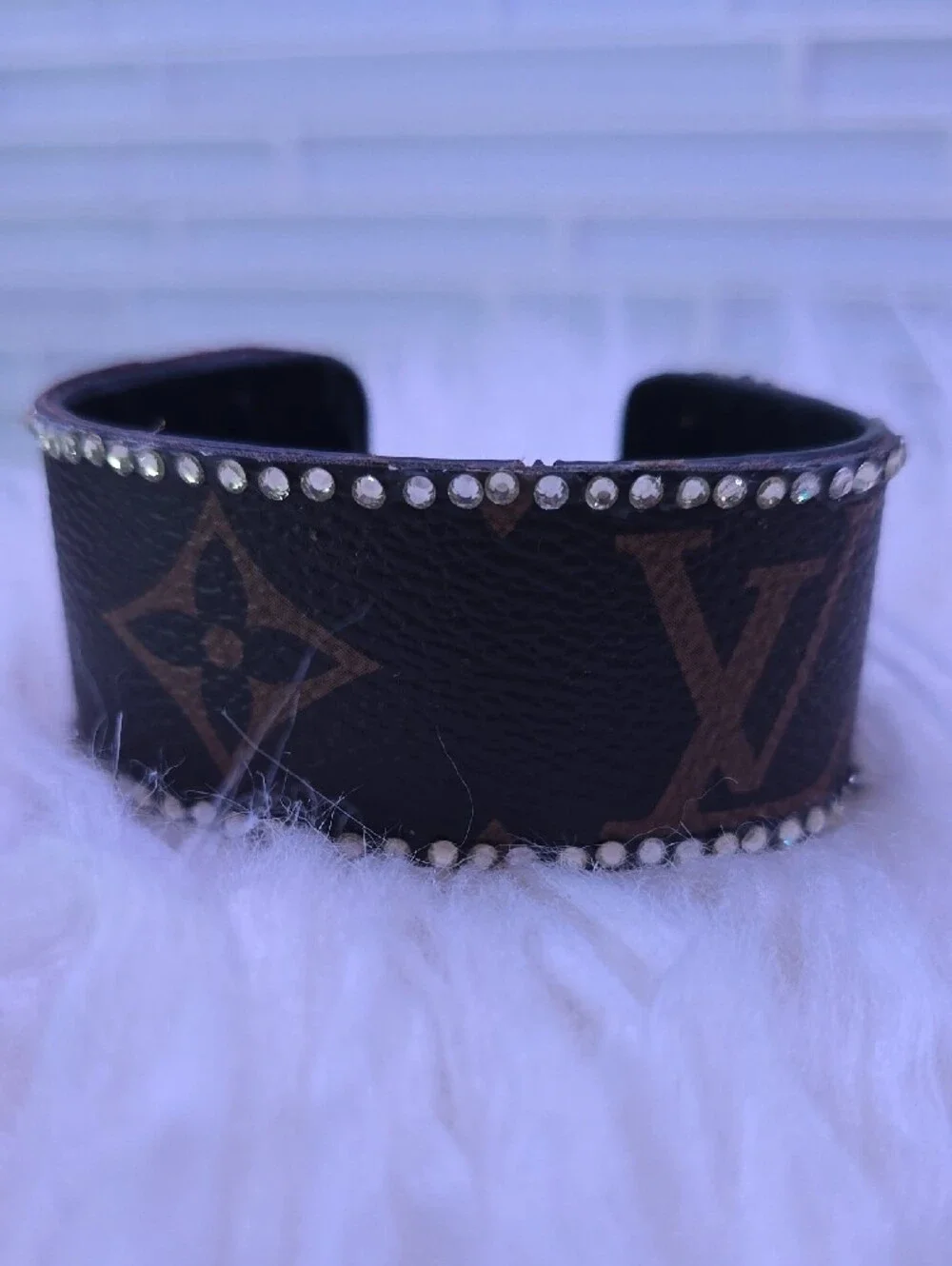 Designer-Style Brown Monogram Leather Cuff Bracelet with Crystal Trim